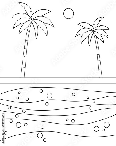 Pool and palm trees. Coloring page, black and white vector illustration.