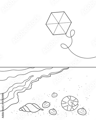 Beach, kite, shells. Coloring page, black and white vector illustration.