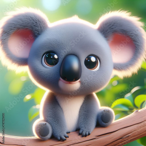 3d cute koala sitting on a branch photo