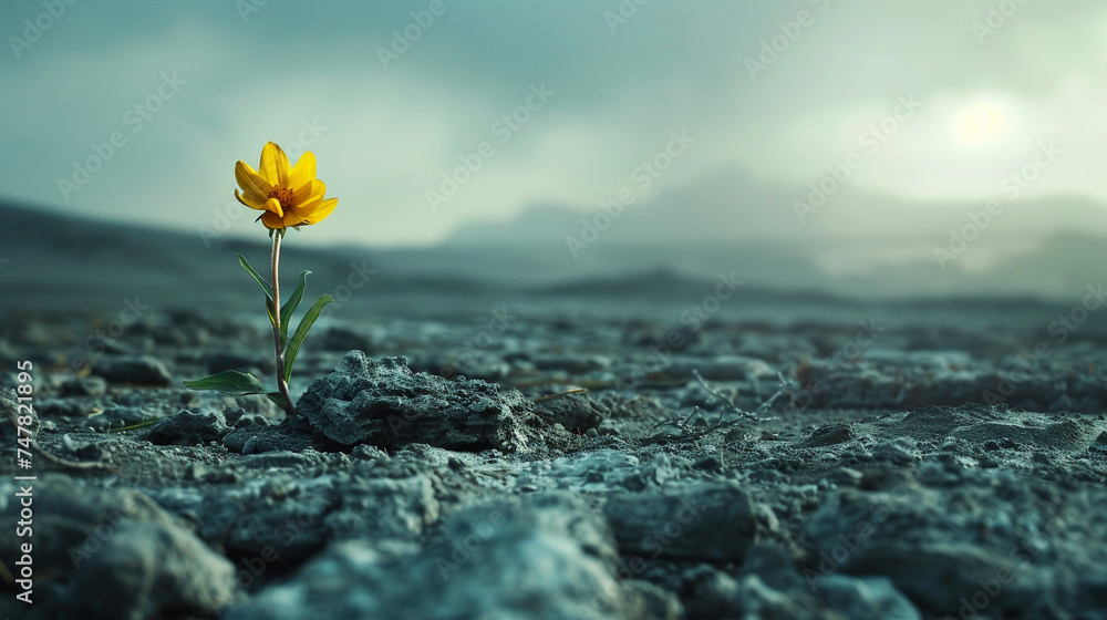 Obraz premium Cinematic shot of a lone bloom emerging from the core of a barren landscape, signifying hope and resilience