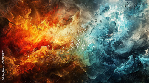 Artistic visualization of notes from a song swirling amidst a battlefield of ice and fire, symbolizing harmony in chaos
