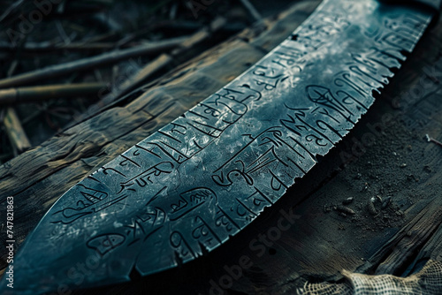 Cinematic shot of a blade with engravings myterious marks, telling a story of survival and conquest photo