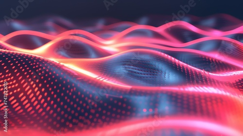 3D rendering of a glowing red and blue wave pattern. The image has a futuristic and technological feel to it. photo