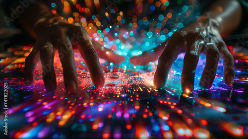 Close-up on a coders hands, typing a sequence that bursts into a kaleidoscope of colors on the screen
