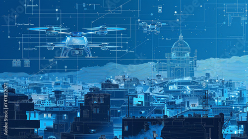 Conceptual visualization of a food delivery drone network, detailed in a blueprint style against a cityscape background photo