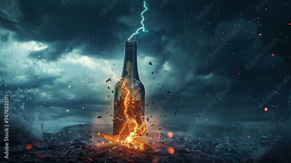 Dramatic portrayal of a bottle breaking as it attempts to contain lightning, symbolizing the uncontainable force of nature - obrazy, fototapety, plakaty 