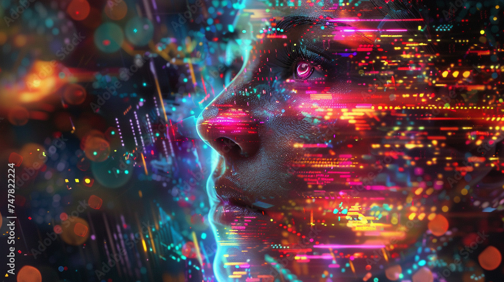 Dramatic portrayal of a future where emotions are coded in colors, visualizing feelings through digital displays