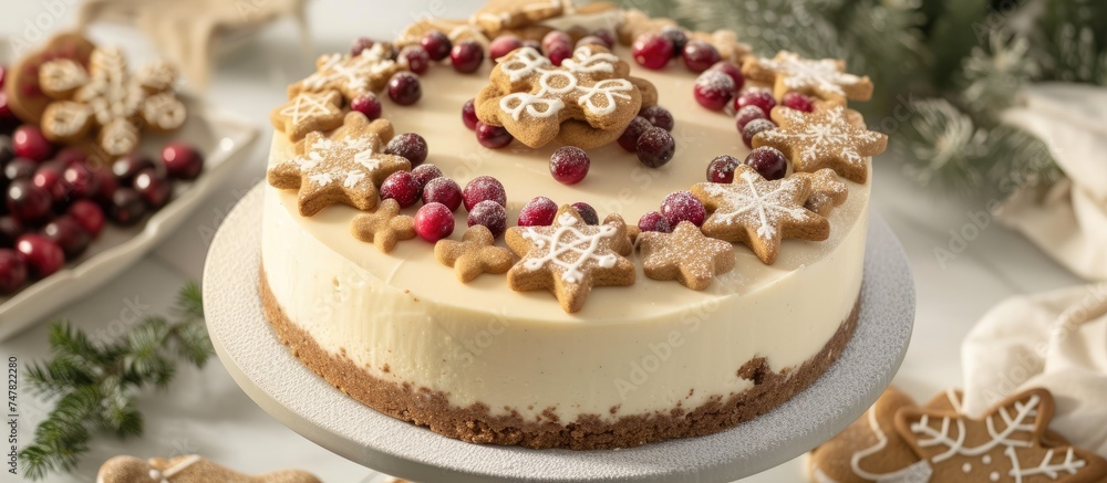 A decorative cake sits on a plate, embellished with gingerbread cookies and sugared cranberries. This Christmas-themed dessert offers a festive and visually appealing treat. A decorative cake sits on a plate, embellished with gingerbread cookies and sugared cranberries. This Christmas-themed dessert offers a festive and visually appealing treat.