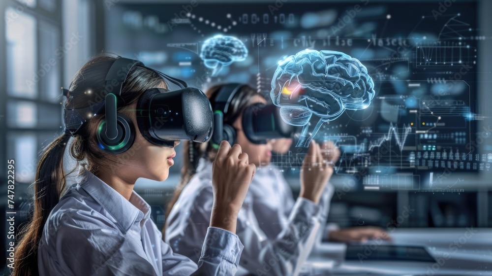 childrens in classroom, engrossed in a virtual reality simulation, intricately mapping and analyzing the complexities of the human brain, against a backdrop of futuristic data visualizations. childrens in classroom, engrossed in a virtual reality simulation, intricately mapping and analyzing the complexities of the human brain, against a backdrop of futuristic data visualizations.