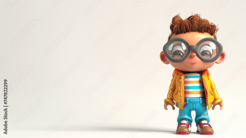 3D rendering of a cute cartoon boy wearing glasses, a yellow jacket, and blue jeans. He has a surprised expression on his face.