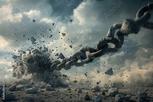 Dramatic portrayal of a chain breaking at the moment of a powerful strike, symbolizing liberation and strength