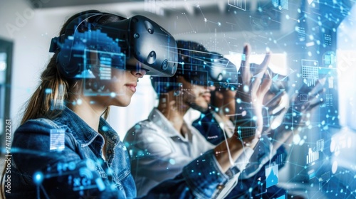 Digital Learning Frontier: VR in Education. A student in a virtual reality environment interacts with advanced educational interfaces, graphically exploring global connections and data in an immersive