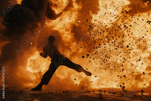 Dramatic shot of a silhouette performing a kick against a backdrop of explosive VFX, symbolizing the clash of forces photo