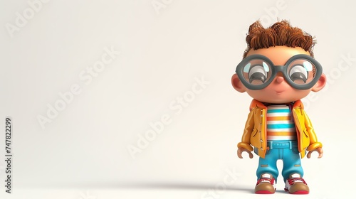 3D rendering of a cute cartoon boy wearing glasses, a yellow jacket, and blue jeans. He has a surprised expression on his face. © Nijat