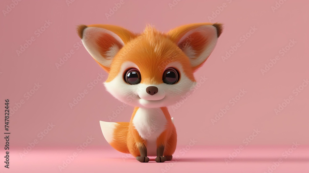 Cute cartoon fox. 3D rendering of a fluffy red fox with big eyes and a bushy tail. Isolated on a pink background.