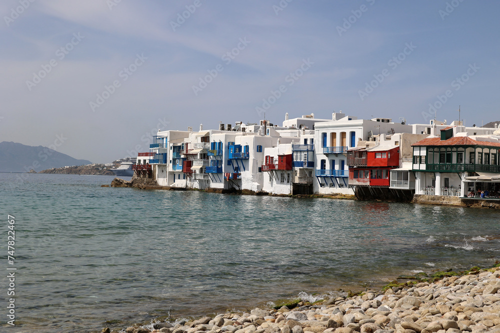 View of the houses of Little Venice seen from the water Mykonos-Cyclades-Greece 