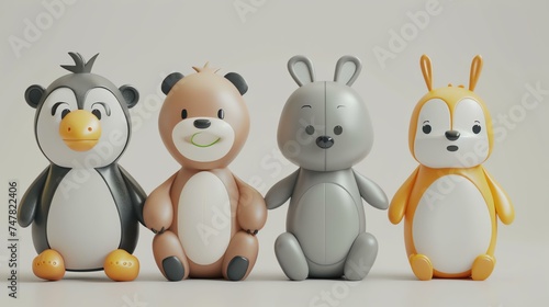Four cute and cuddly animal toys sit in a row. The penguin, bear, rabbit, and dog are all made of soft, plush material and have friendly faces.