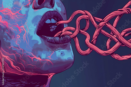 Dynamic illustration of a tongue caught in a ties knot, symbolizing the entanglement of words and their consequences