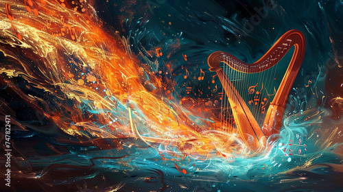 Dynamic illustration of musical notes flowing from a lyre, turning into elements of ice and fire, weaving a tale of ancient magic photo