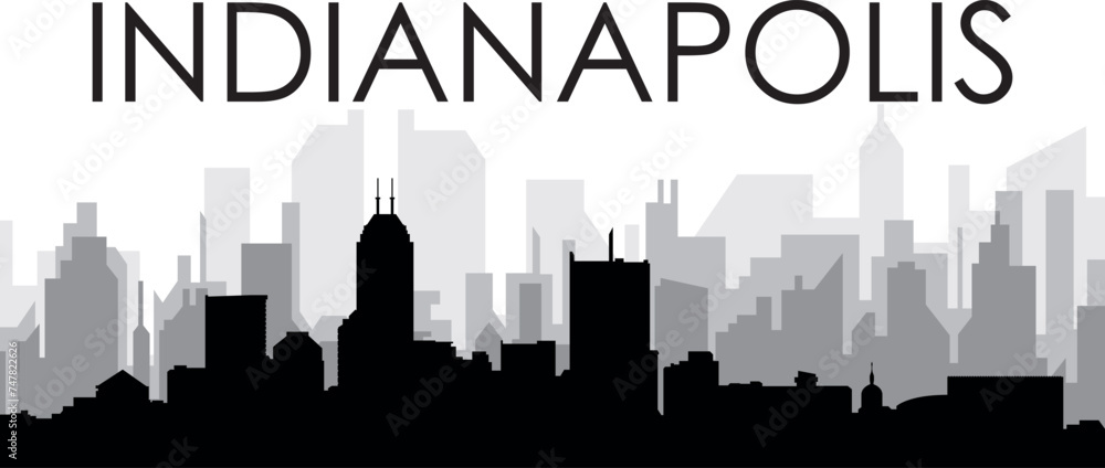 Black cityscape skyline panorama with gray misty city buildings background of the INDIANAPOLIS, UNITED STATES OF AMERICA with a city name tag