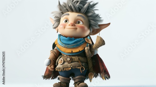 A cute little elf boy with a big smile on his face. He is wearing a blue hat and a brown cloak. He has a magic staff in his hand. photo