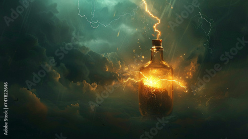 Ethereal scene of a bottle floating in the air, crackling with lightning, as if its a magical artifact of power