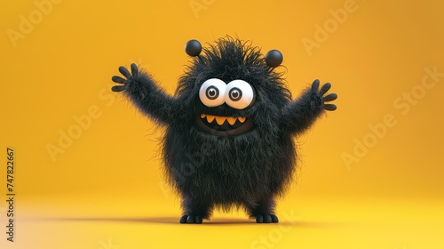 3D rendering of a cute and friendly black monster with big eyes and a toothy smile. photo