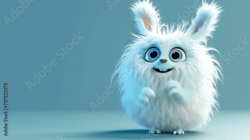 3D rendering of a cute and fluffy white creature with blue eyes and a big smile on its face.