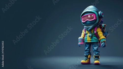 Little astronaut ready to explore the world. He is wearing a blue and yellow spacesuit with a pink scarf.