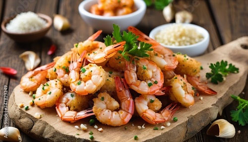 Delicious Shrimp Fried with Garlic, Beautifully Decorated on Wood Table