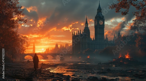 The End of the World Apocalyptic, destroyed London, epic scene. Created with Generative AI.