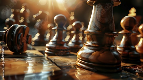 A wooden chess piece is in the foreground with a shiny gold and brown color scheme. photo