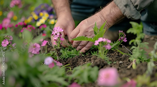 A gardener is planting a flower in the garden. The gardener is wearing a green shirt and blue jeans. The flower is pink and has five petals.