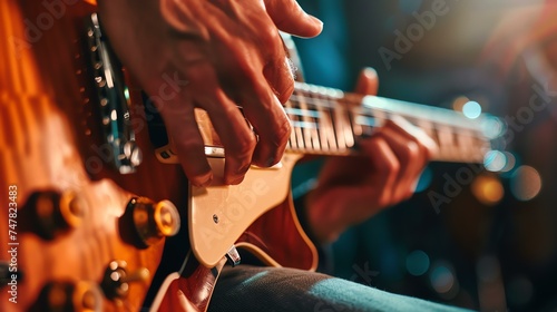 A close-up of a musician playing an electric guitar. The focus is on the guitarist's hands and the guitar strings. photo