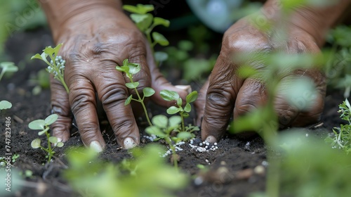 A close-up image of a person's hands planting a seedling in the soil. The hands are wrinkled and dark-skinned, and the seedling is green andå«©å¼±.