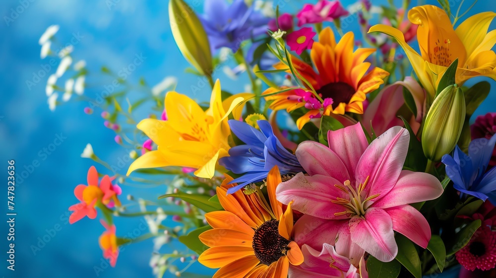 A beautiful bouquet of various flowers in full bloom against a blue background.