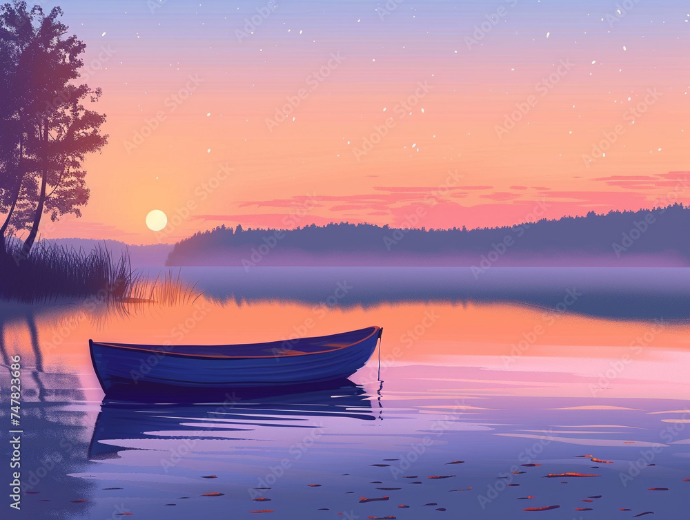 Illustration of a tranquil lake at dawn, with a lone rowboat