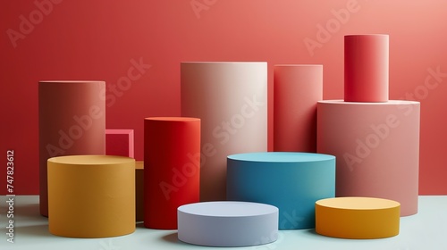 3D rendering of a set of colorful cylinders and rectangular prisms on a matching colored background.