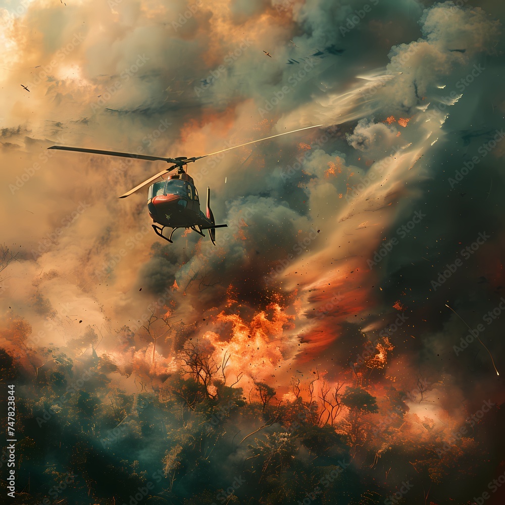 A helicopter flies through smoke and fire, showcasing the dramatic efforts to combat a fierce wildfire. The scene captures the intensity of nature's fury and human bravery. AI Generative A helicopter flies through smoke and fire, showcasing the dramatic efforts to combat a fierce wildfire. The scene captures the intensity of nature's fury and human bravery. AI Generative