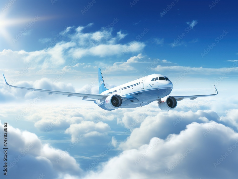 Obraz premium the plane flies above the clouds in the blue sky. concept vacation, vacation, sea, weekend, travel, tourism, fly