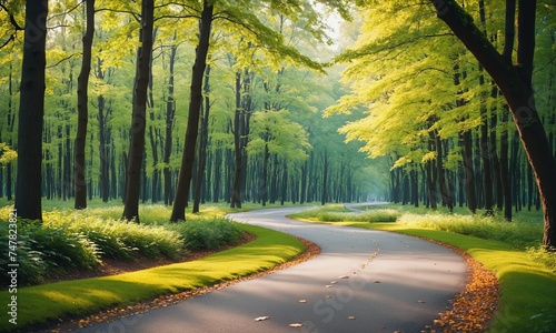 Sun-drenched path through lush green forest