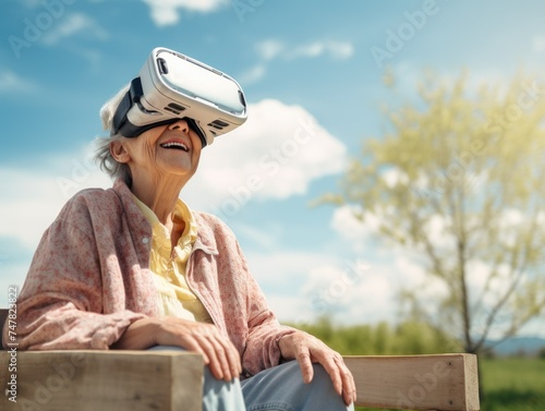 sun day cute happy pensioner old woman wearing VR glasses. concept virtual reality, technology, gadgets