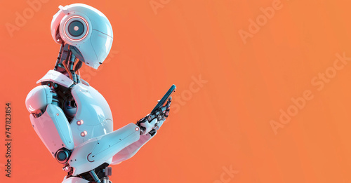 one  android robot with a smartphone in his hands on a plain orange peach background