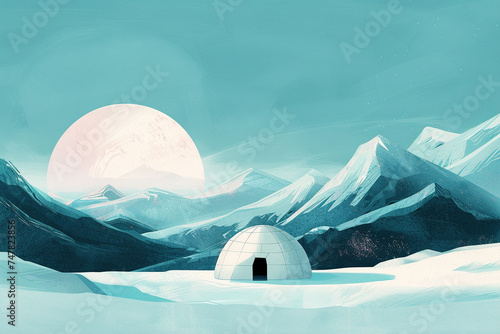 Illustration of a vast tundra with a minimalist igloo photo