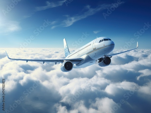 the plane flies above the clouds in the blue sky. concept vacation, vacation, sea, weekend, travel, tourism, fly