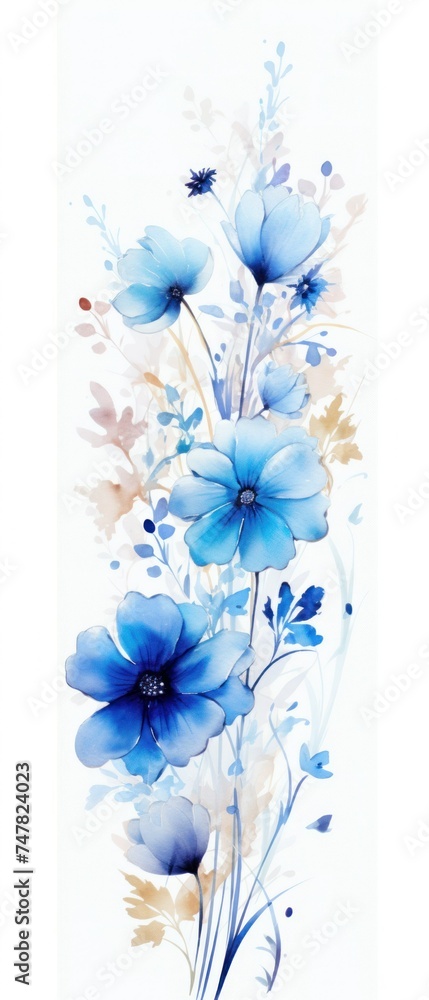 Obraz premium spring vertical blue watercolor painted delicate cornflower flower. spring concept, watercolor, draw, flowers, white background, isolated