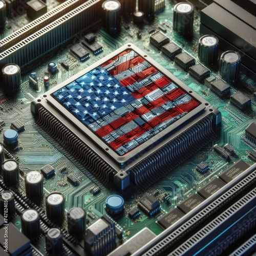 Flag of USA on a processor, CPU Central processing Unit or GPU microchip on a motherboard. Digital illustration, generative ai
