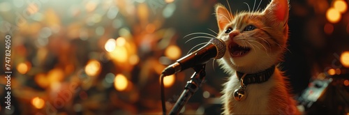 Funny cat singing and holding a microphone. Created with Generative AI. photo