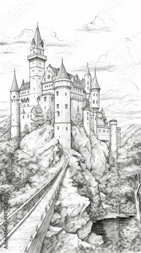 vertical black and white coloring. medieval castle. coloring concept, black and white, cartoon, towers, medieval, castles, children's books © Aksana
