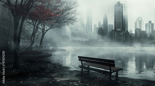 Moody portrayal of a city park, once a place of refuge, now deserted and overtaken by toxic fog